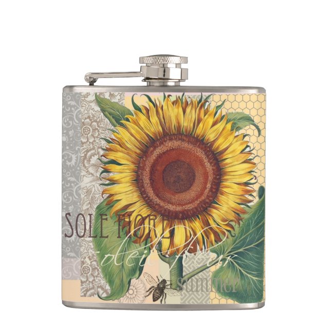 Sunflower Vintage Damask Flower Art Hip Flask (Front)