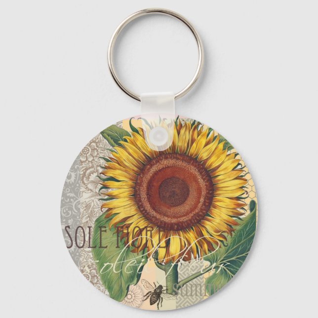 Sunflower Vintage Damask Flower Art Keychain (Front)