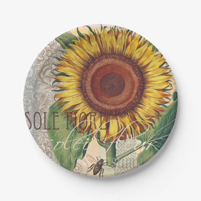 Sunflower Vintage Damask Flower Art Paper Plate (Front)