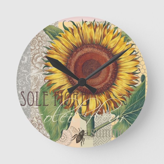 Sunflower Vintage Damask Flower Art Round Clock (Front)