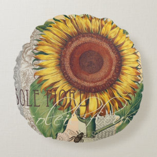 Sunflower Vintage Damask Flower Art Round Pillow