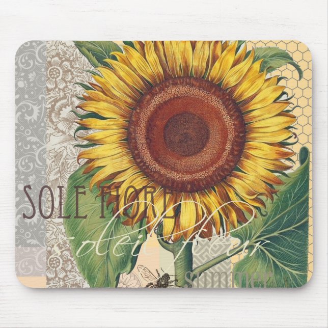 Sunflower Vintage Damask Flower Pattern Art Mouse Pad (Front)