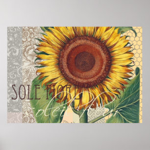 Sunflower Vintage Damask Wallpaper Collage Poster