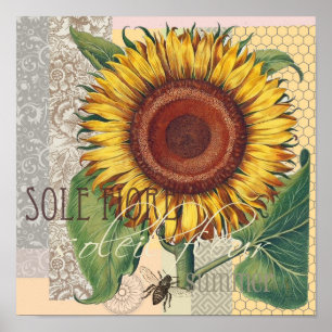 Sunflower Vintage Damask Wallpaper Collage Poster