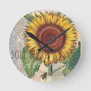 Sunflower Vintage Damask Wallpaper Collage Round Clock