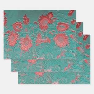 Sunflower Vintage Floral Teal Pink Chic Decoupage Wrapping Paper Sheet