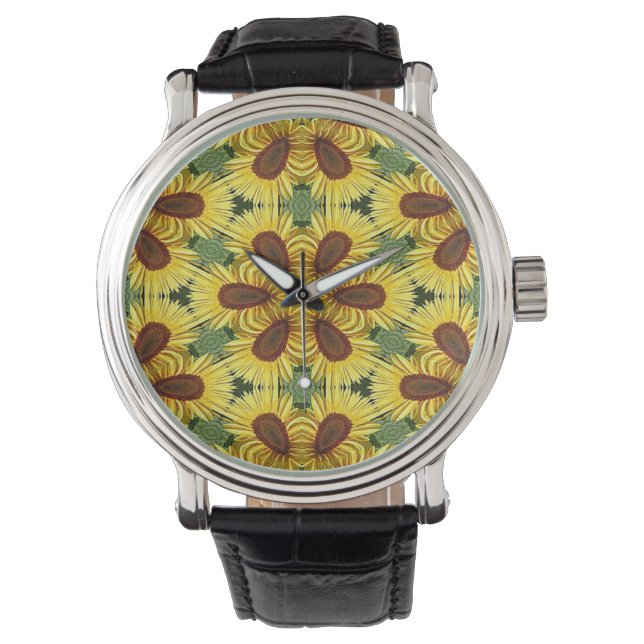 Sunflower Vintage Leather Strap Black Watch (Front)