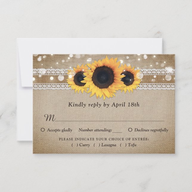 Sunflower Vintage Wedding RSVP Card Meal Choice (Front)