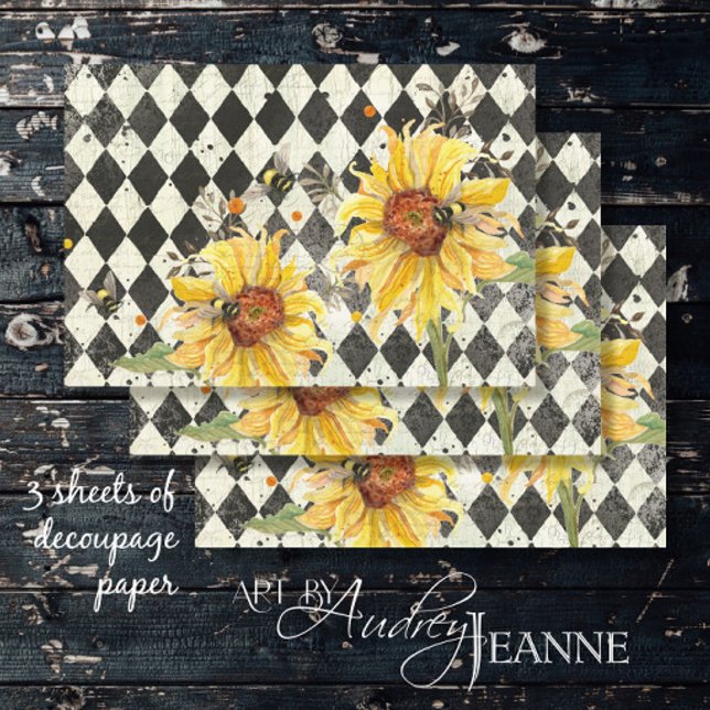 Sunflower w Bees Black Ephemera Left Decoupage  Wrapping Paper Sheet (Creator Uploaded)