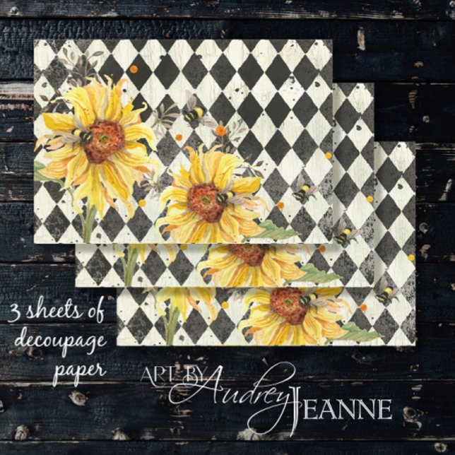 Sunflower w Bees Black Ephemera Right Decoupage  Wrapping Paper Sheet (Creator Uploaded)