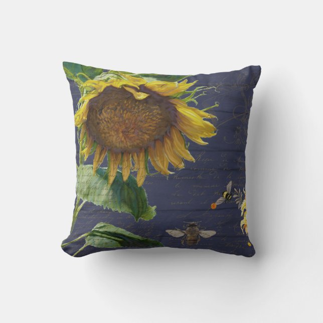 Sunflower w Bees Floral Script Rustic Navy Wood Throw Pillow (Front)