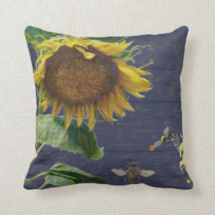 Sunflower w Bees Floral Script Rustic Navy Wood Throw Pillow