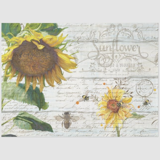 Sunflower w Bees Script Ephemera Rustic Decoupage Tissue Paper (Front)