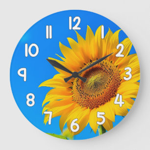 Sunflower Wall Clock Blue Background Floral Decor