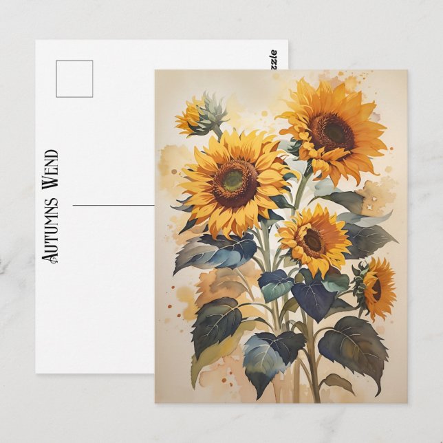 Sunflower Watercolor Autumns Wend Timeless Art Postcard (Front/Back)