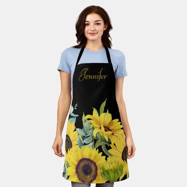 Sunflower Watercolor Black Background Monogram  Apron (Worn)