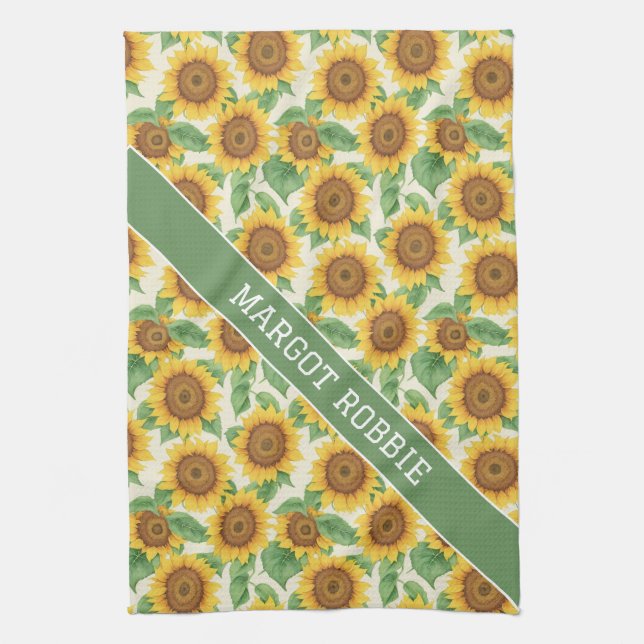 Sunflower Watercolor Colourful Personalized Patter Kitchen Towel (Vertical)