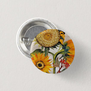 Sunflower Watercolor Floral Art 1 Inch Round Button