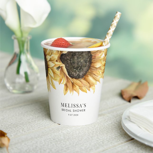 Sunflower Watercolor Floral Bridal Shower Paper Cups (Insitu)
