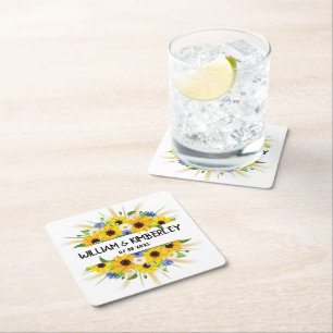 Sunflower Watercolor Floral Fall Elegant Wedding Square Paper Coaster