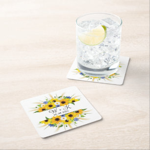 Sunflower Watercolor Floral Fall Elegant Wedding  Square Paper Coaster