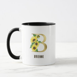 Sunflower Watercolor Floral Letter B Monogram Mug