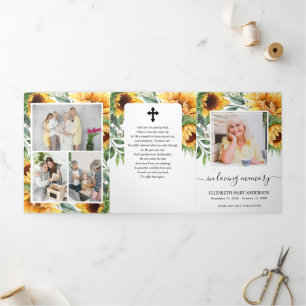 Sunflower Watercolor Floral Memorial Funeral Tri-Fold Programme
