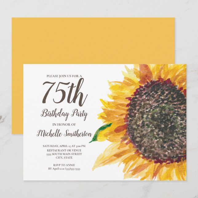 Sunflower Watercolor Floral White 75th Birthday Invitation (Front/Back)