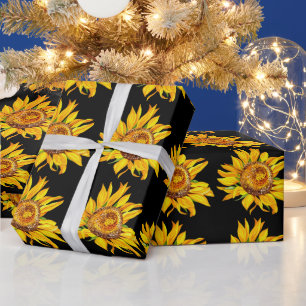 Sunflower Watercolor Flowers Black  Wrapping Paper