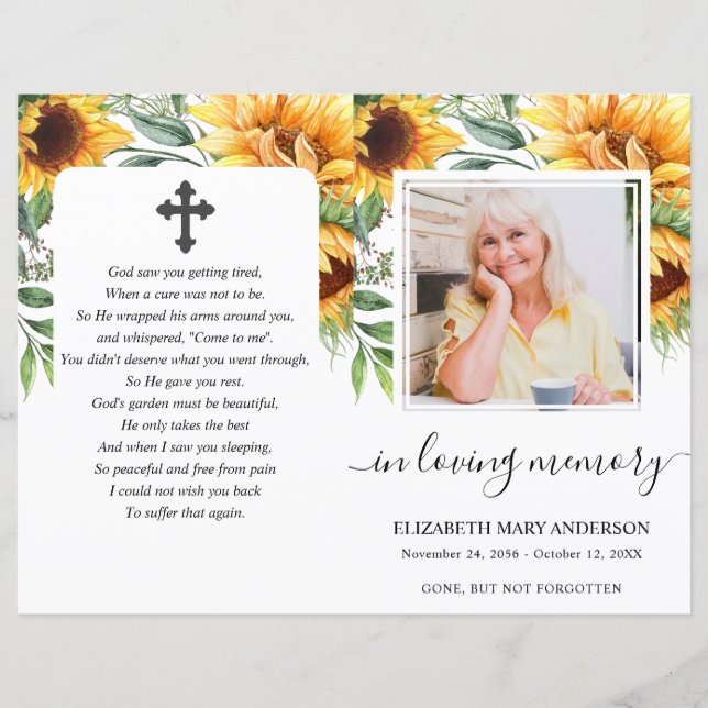 Sunflower Watercolor Photo Funeral Full Program (Front)