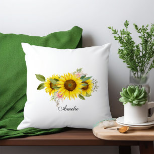 Sunflower Watercolor Pink Floral Throw Pillow