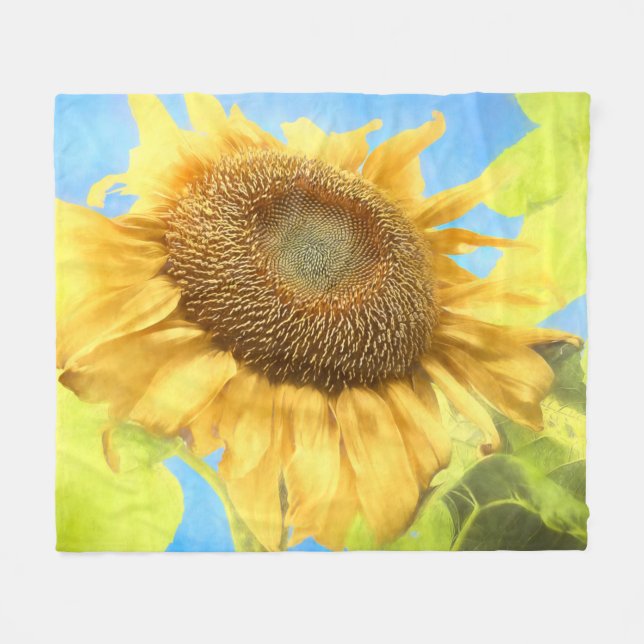 Sunflower Watercolor Rustic Yellow Blue Country Fleece Blanket (Front (Horizontal))