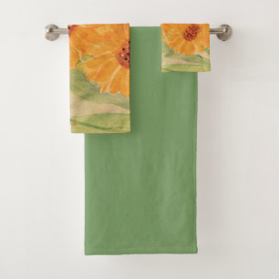 Sunflower Watercolor Towel Set With Green
