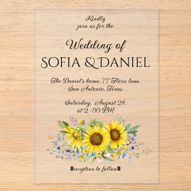 Sunflower watercolor wedding Acrylic Invitation (Front)