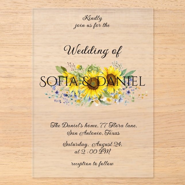 Sunflower watercolor wedding Acrylic Invitation (Front)