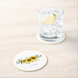 Sunflower watercolor white rose wedding  round paper coaster