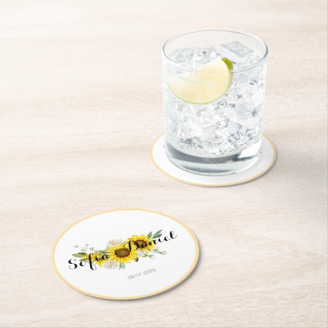 Sunflower watercolor white rose wedding  round paper coaster (Insitu)