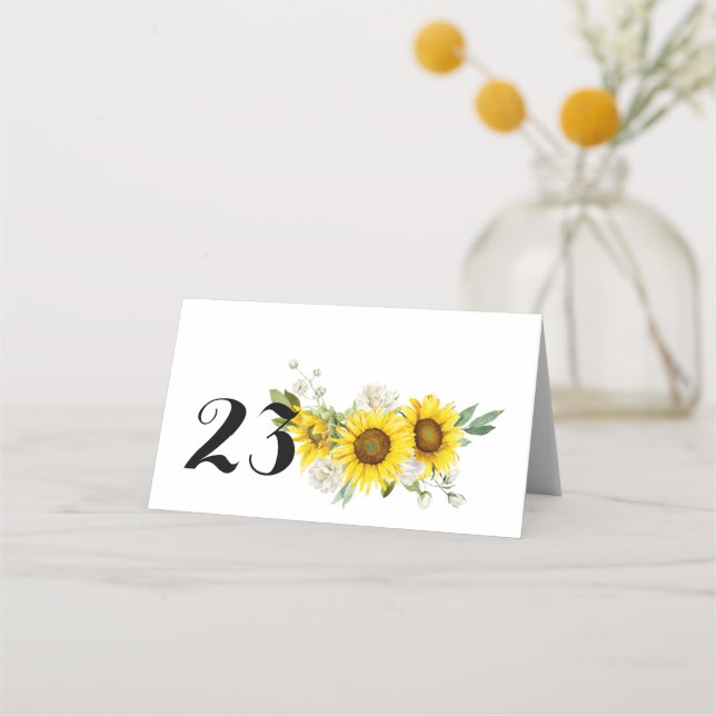 Sunflower watercolor white roses wedding  place card (Front)