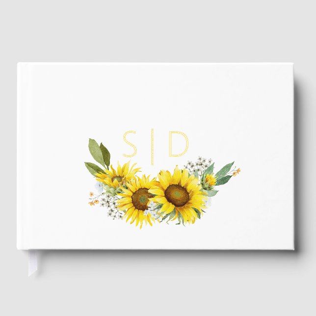 Sunflower watercolor white wildflower wedding guest book (Front)