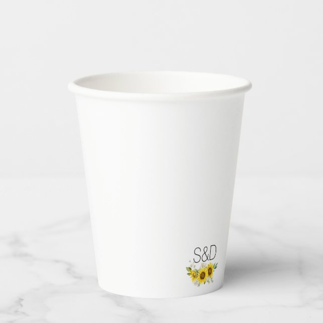 Sunflower watercolor wildflower monogram wedding  paper cups (Front)
