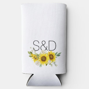 Sunflower watercolor wildflower monogram wedding  seltzer can cooler