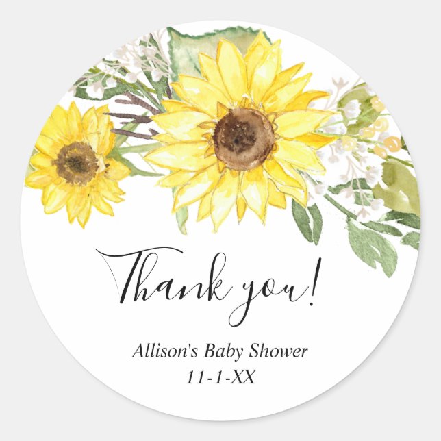 Sunflower watercolor yellow white sunflowers classic round sticker (Front)