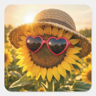 Sunflower Wearing Sunglasses and Straw Hat Square Sticker