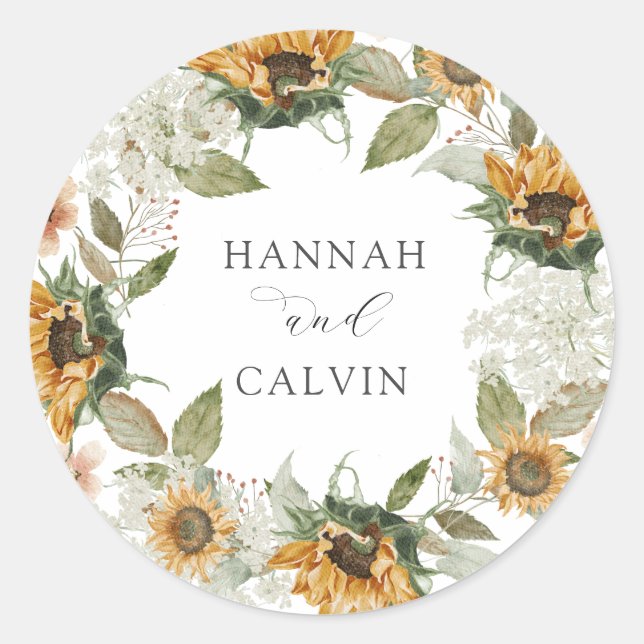 Sunflower Wedding Classic Round Sticker (Front)
