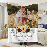 Sunflower Wedding Couple Photo Fleece Blanket<br><div class="desc">This rustic sunflower and burgundy roses country wedding couple photo blanket makes a perfect gift. This blanket features watercolor yellow sunflowers with burgundy roses and baby's breath and sage greenery. This is a perfect colour scheme for a late summer or fall wedding. Personalize with names and wedding date.</div>
