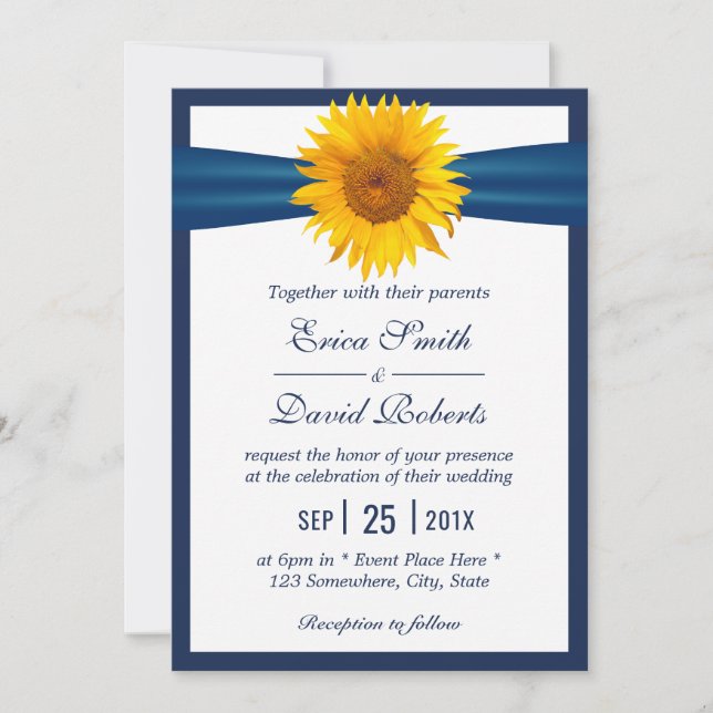 Sunflower Wedding Elegant Navy Blue Ribbon Minimal Invitation (Front)