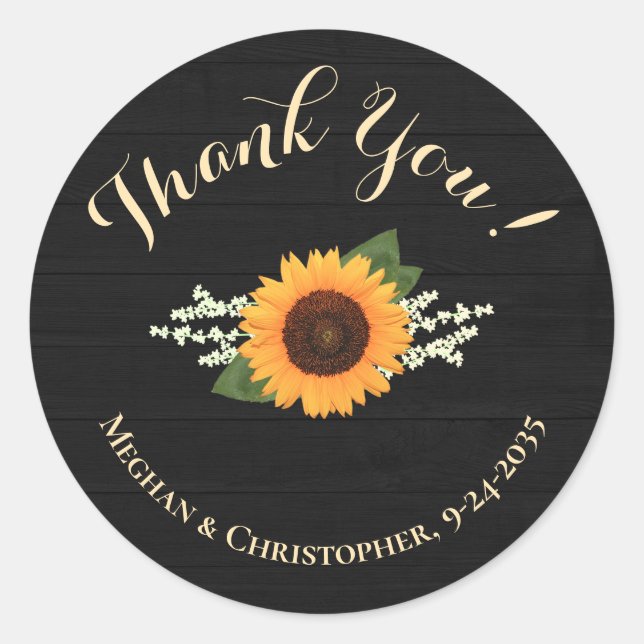Sunflower Wedding Favour Black White Wood Thank Yo Classic Round Sticker (Front)