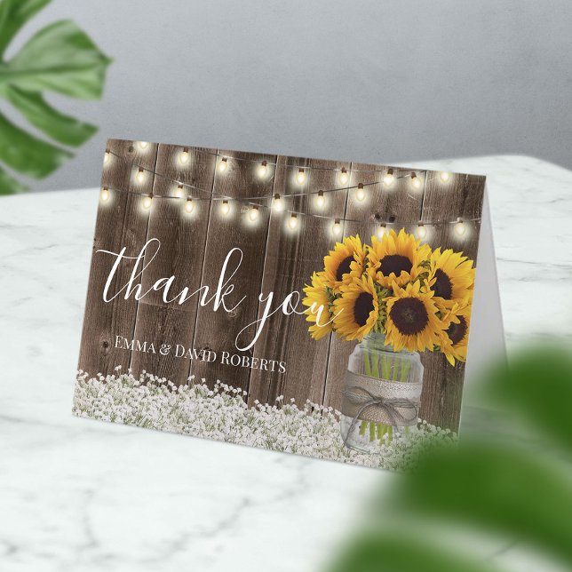 Sunflower Wedding Floral Jar Rustic Barn Wood Thank You Card (Creator Uploaded)