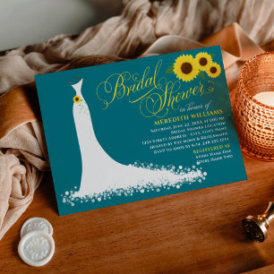 Sunflower Wedding Gown Teal Wedding Bridal Shower Invitation