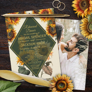 Sunflower Wedding Green & Gold Rehearsal Dinner  Invitation
